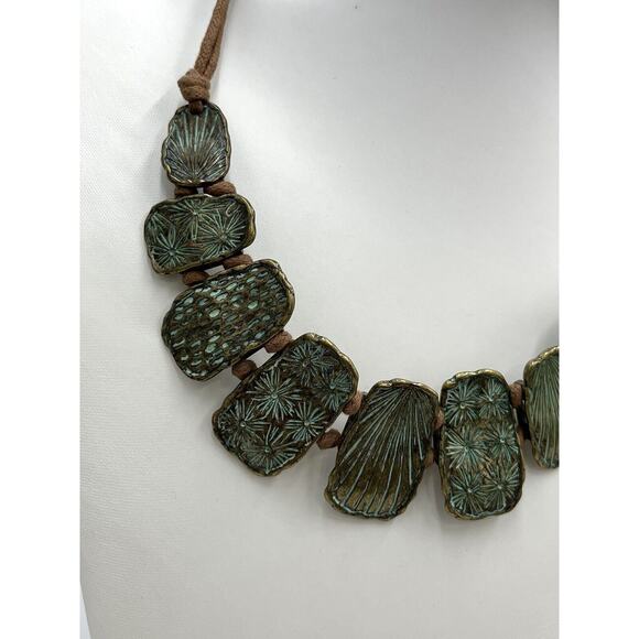 St. Thomas Etched Medallions Copper Tone Brown Suede Patina Statement Necklace - Picture 3 of 15